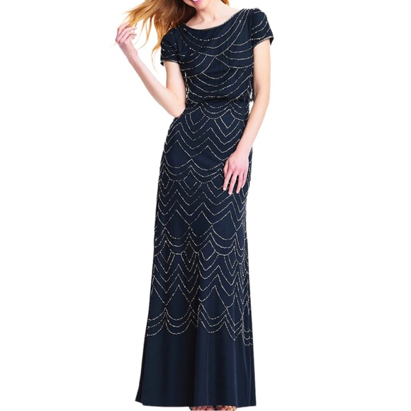 Adrianna Papell Black and Silver Beaded Blouson Formal Gown - Picture 2 of 11